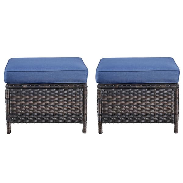 2-Pack Wicker Outdoor Ottoman Steel Frame Footstool with Removable Cushions Brown/Blue