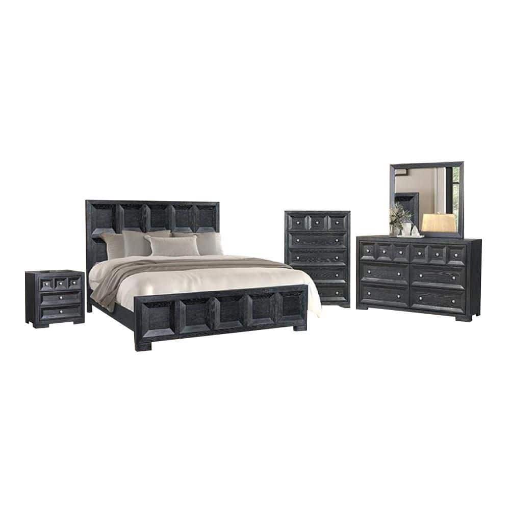 Benjara Kizie 5-Piece Weathered Black Queen Engineered Wood