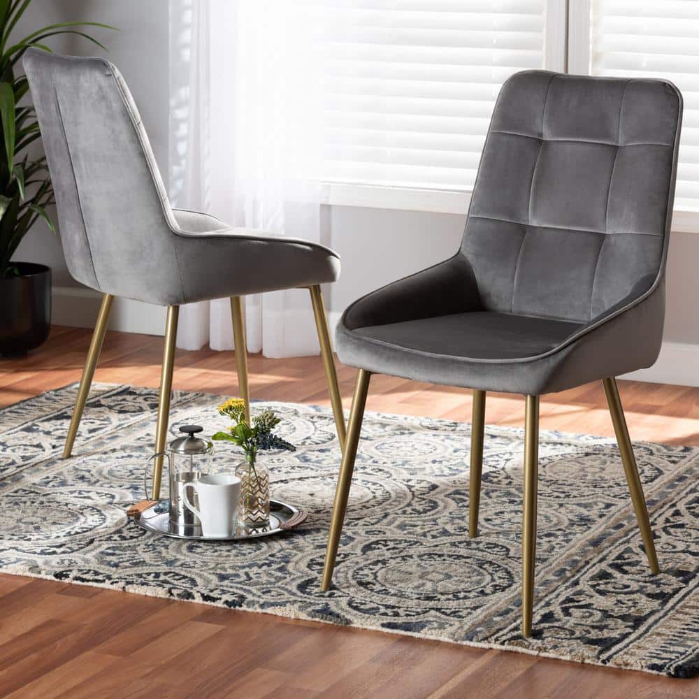 Gavino Grey Velvet and Gold Metal Dining Chair Set