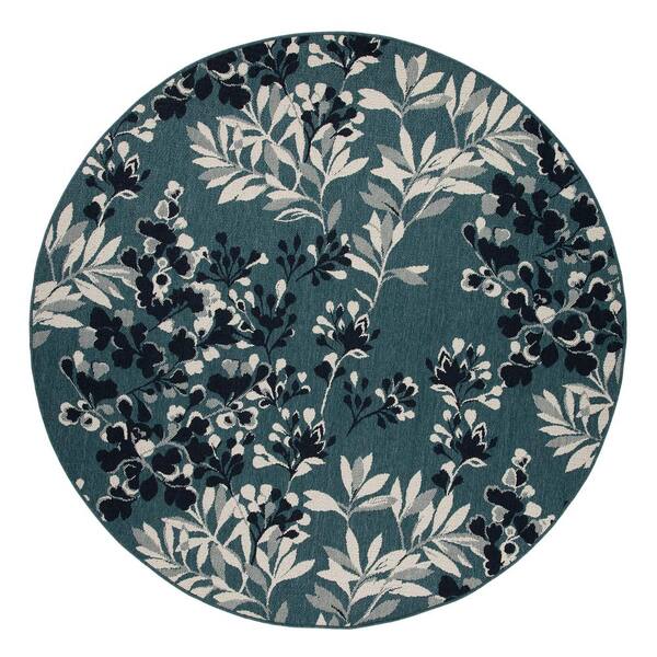 Kaleen Pianta Collection Teal 7'10" x 7'10" Round Residential Indoor-Outdoor Area Rug