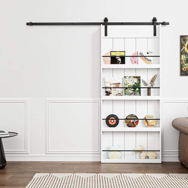 36 in. x 84 in. Easy Install White Primed Composite MDF Storage Style Shelves Sliding Barn Door with Hardware Kit