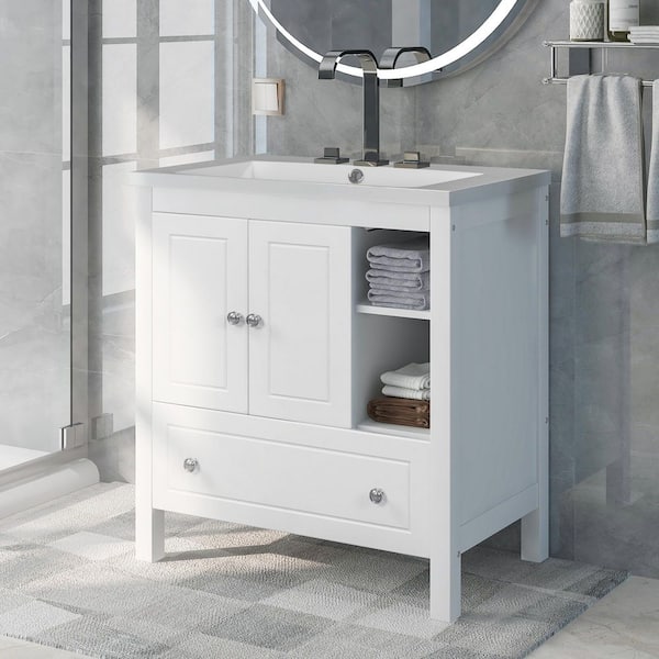 FAMYYT 30 in. W x 18 in. D x 32.1 in. H Single Sink Freestanding Solid Wood Bath Vanity in White with White Ceramic Top
