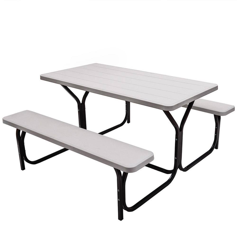 54 in. White Rectangle Metal Outdoor Picnic Table Bench Set with HDPE Table