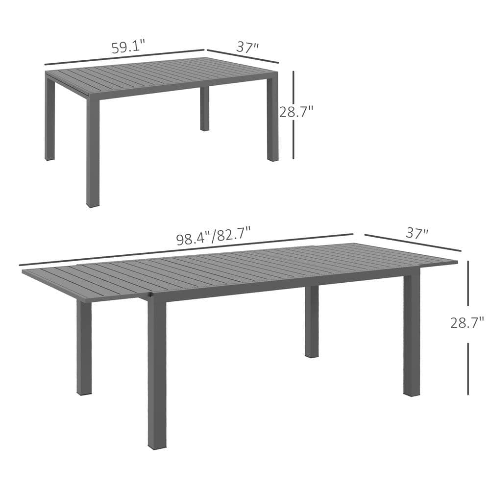 Charcoal Gray Aluminum Expandable Outdoor Dining Table for 6-8