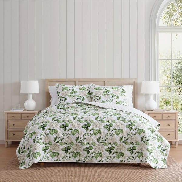 Hydrangea Floral 2-Piece White/Taupe Cotton Twin Quilt Set