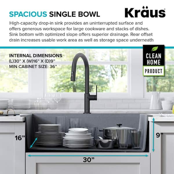 Kraus Bellucci Workstation 30 inch Undermount Granite Composite Single Bowl  Kitchen Sink in Metallic Gray with Accessories 