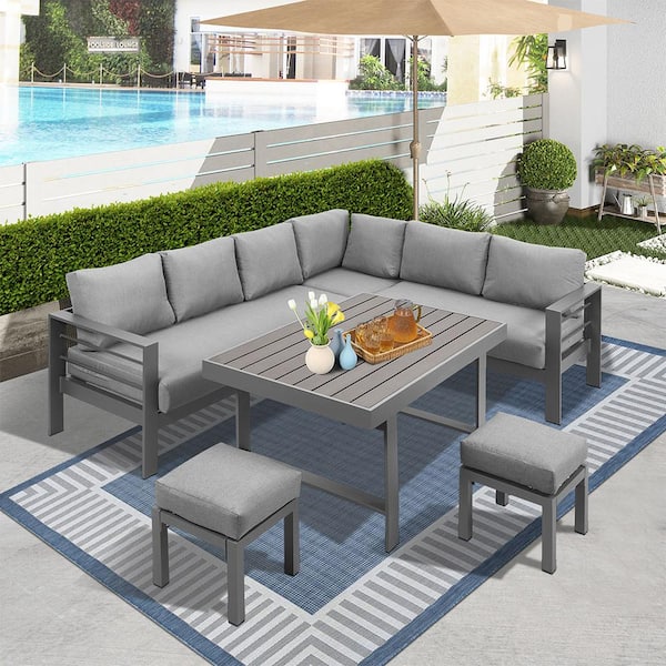 Sudzendf 6-Pieces Outdoor Patio Furniture Set, White Aluminum Frame with Dark Gray Cushions