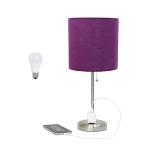 Oslo 19.5 in. Contemporary Bedside Power Outlet Base Metal Table Lamp in Brushed Steel, Purple Shade, with LED Bulb