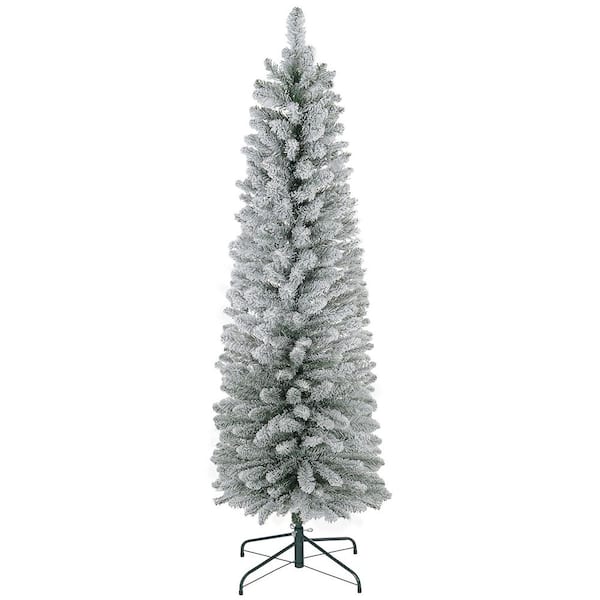 5 ft. Pencil Artificial Christmas Tree with 263 Snow Flocked Tips, Metal Base, Realistic Xmas Tree