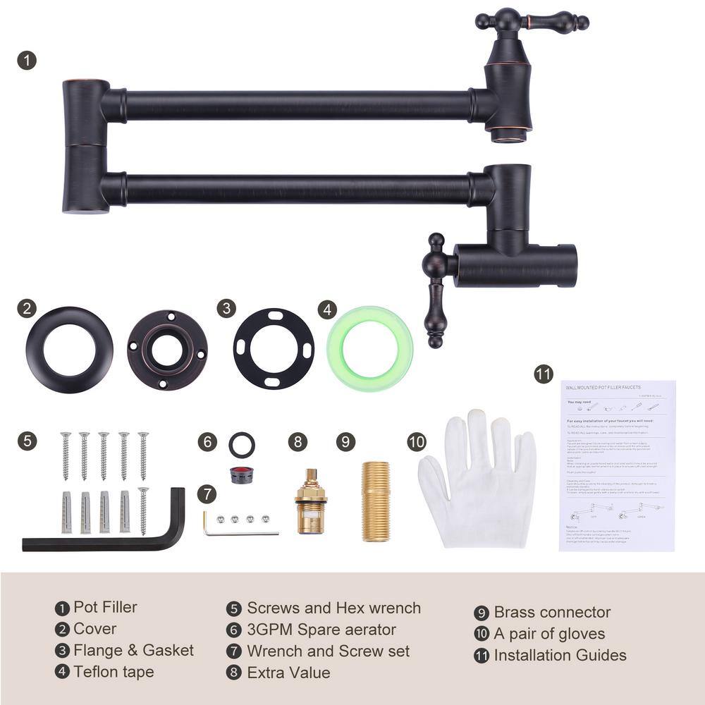 Oil Rubbed Bronze Wall Mount Pot Filler Faucet with Double Handles