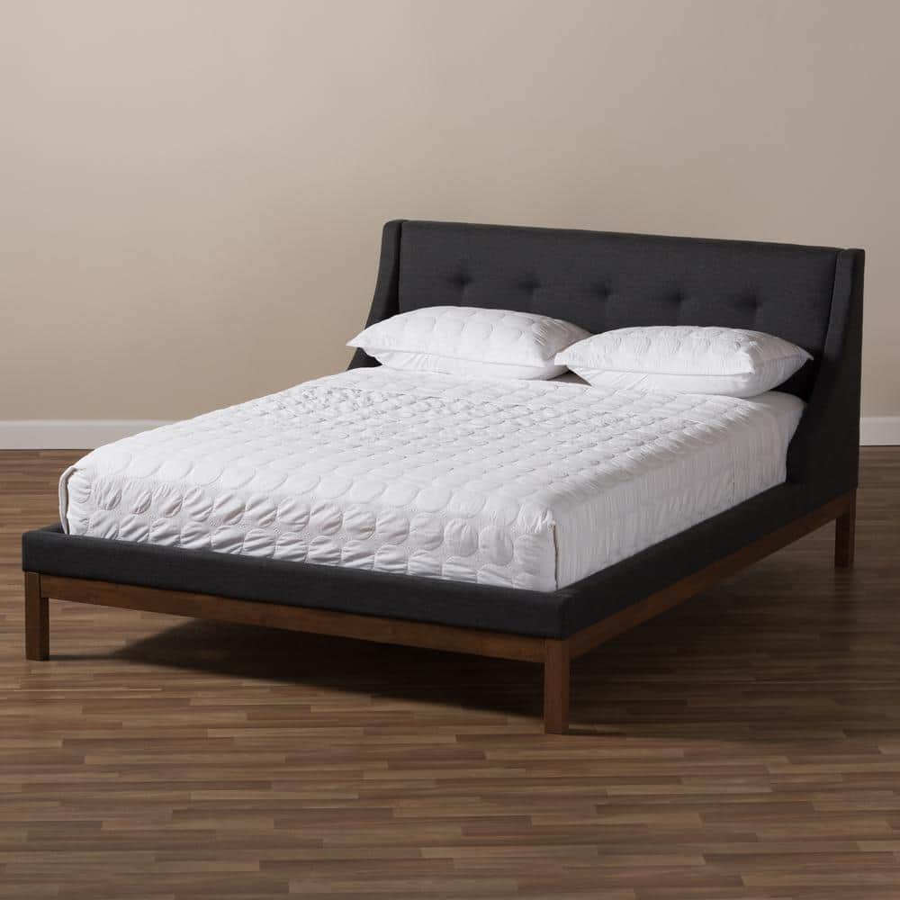Queen Dark Grey Tufted Upholstered Walnut Wood Platform Bed