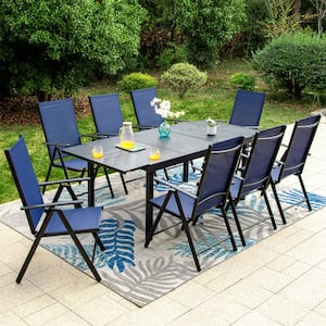 9-Piece Metal Outdoor Dining Set with Extensible Rectangular Carve Pattern Table and Blue Folding Chairs