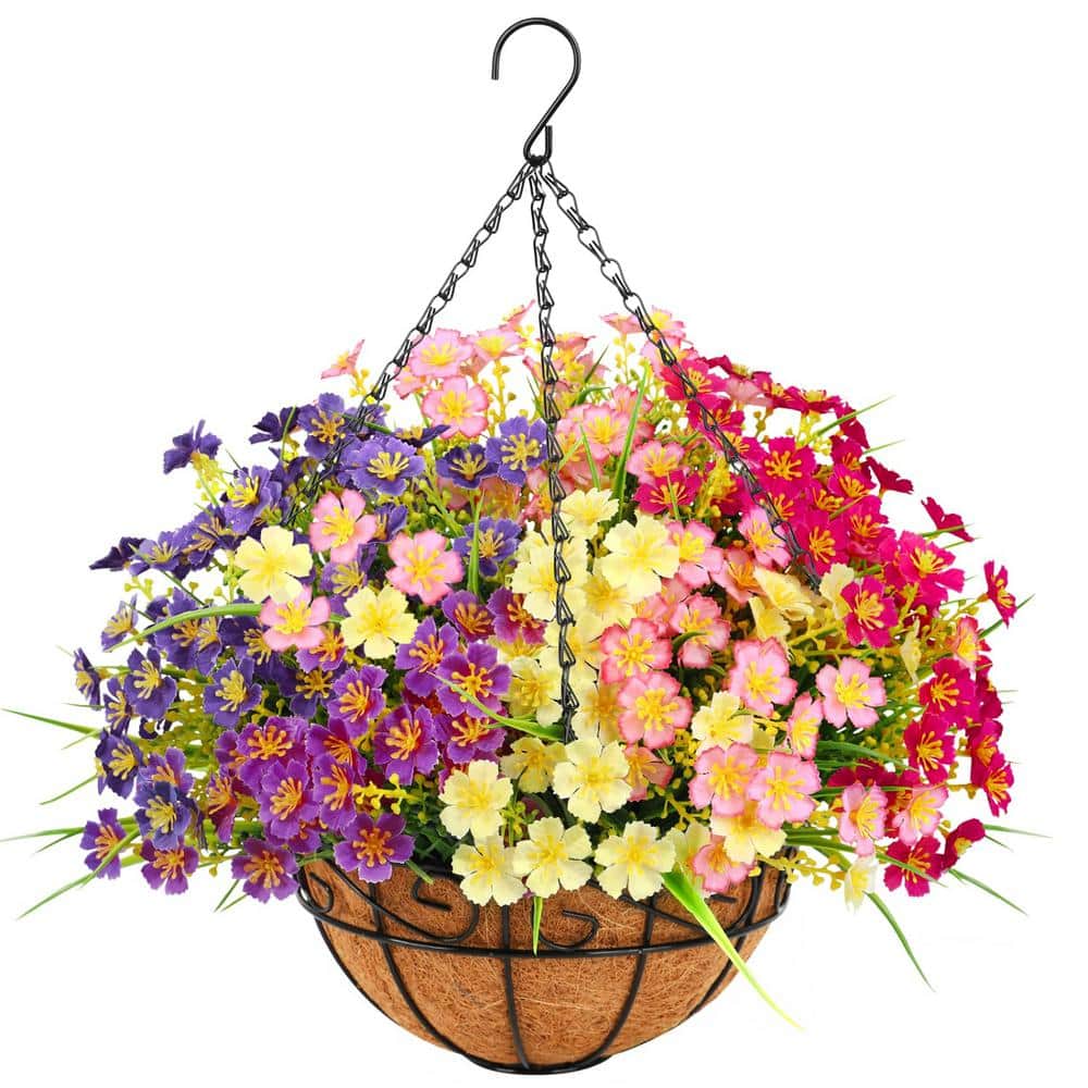 20.9 in. Artificial Hanging Flowers in Basket, Decor Fake Hanging Plants, M