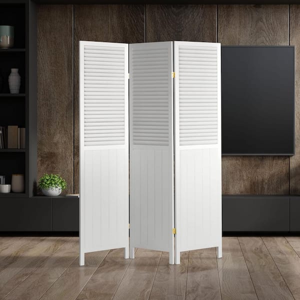 Oriental Furniture White 6 ft. Tall Louvered Beadboard 3-Panel Room Divider
