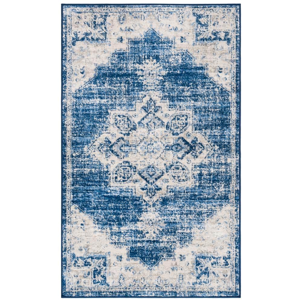 Ivory and Navy Synthetic Hand-knotted Rectangular Area Rug