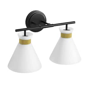 17.3 in. 2-Light Black and Gold Vanity Light with Milk White Glass Shade Modern Bathroom Light Fixture