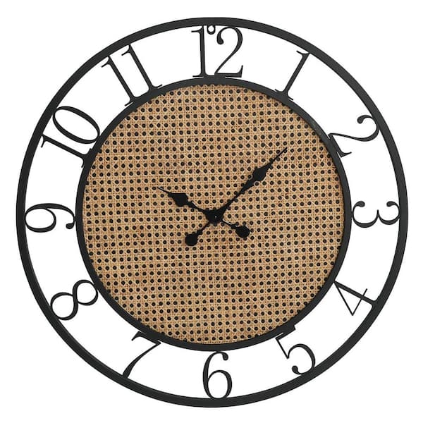 Unbranded 28 in. Black Analog Battery-Operated Large Wall Clock with Rattan