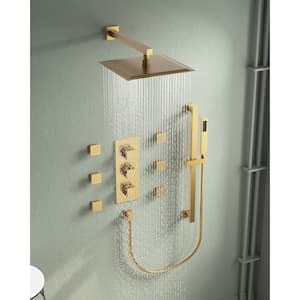 3-Spray Patterns Thermostatic 12 in. Wall Mount Rain Dual Shower Heads with 6-Jet in Brushed Gold (Valve Included)