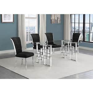 Dominga 5-Piece Rectangular Glass Top Stainless Steel Dining Set With 4 Black Velvet Fabric Long Back Chrome Chair