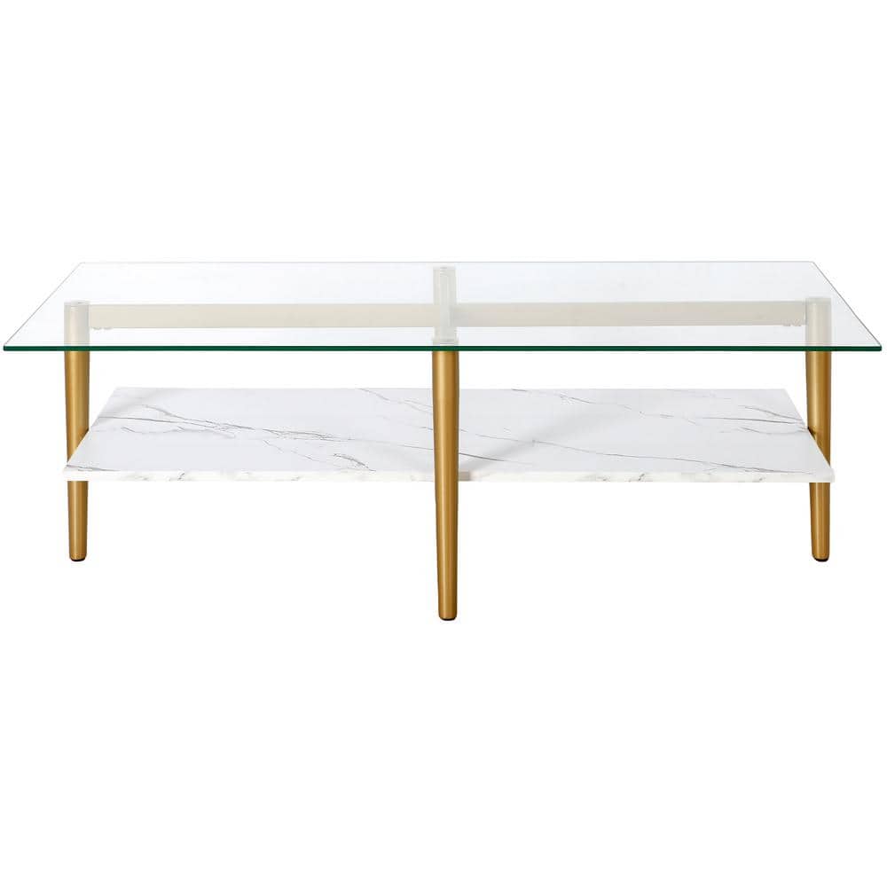 Otto 47" Brass Rectangular Coffee Table with Faux Marble Shelf