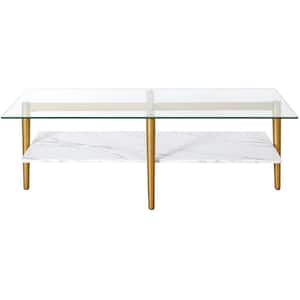 Otto 47 in. Brass/Faux Marble Rectangle Glass Coffee Table with Faux Marble Shelf