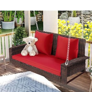 50 in. W 2-Person Wicker Hanging Porch Swing with Chains Red Cushion Pillow Rattan Swing Bench for Garden Backyard Pond