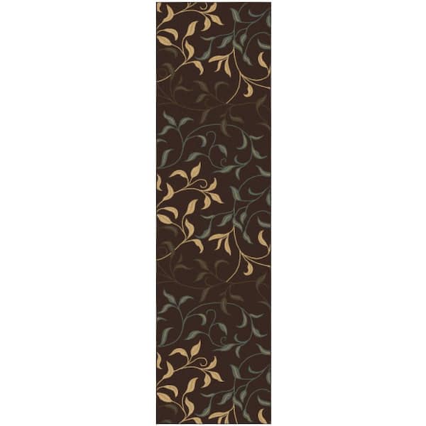 Indoor 1 ft. 10.5 in. x 19 ft. Brown Non-Slip Hallway Runner Rugs For High Traffic, Leaves Design Area Rug