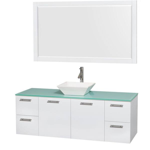 Wyndham Collection Amare 60 in. Vanity in Glossy White with Glass Vanity Top in Green, Porcelain Sink and 58 in. Mirror