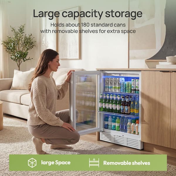24 in. Single Zone 180-Cans Undercounter Freestanding/Built-in Beverage and Wine Cooler in White
