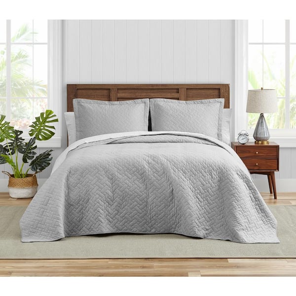 Tommy Bahama Solid 3-Piece Gray Cotton Full/Queen Quilt Set