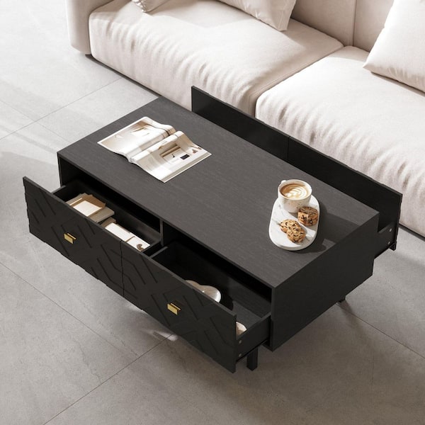 47.2 in. Black Rectangle Wood Coffee Table with Geometric Carving, 4 Drawers, Gold Handles, Modern Minimalist Style