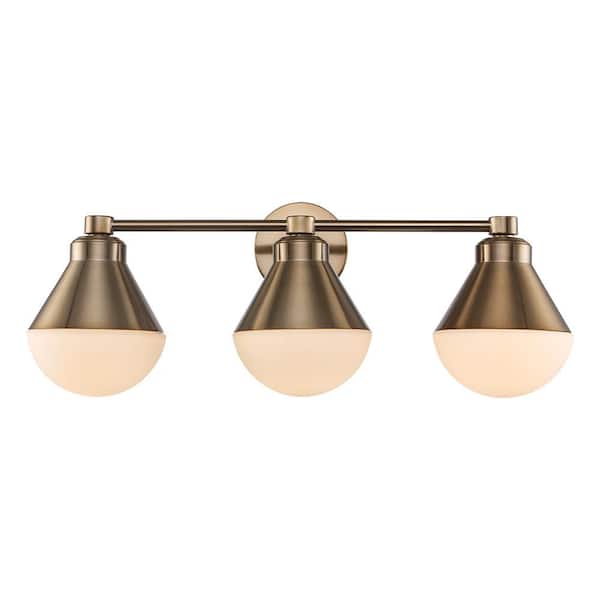 Monteaux Lighting 25.5 in. 3-Light Gold Bathroom Vanity Light Fixture with Opal Glass Shades