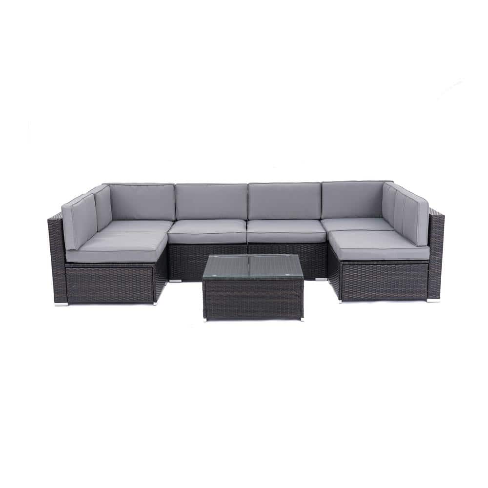 7-Pieces PE Wicker Outdoor Sectional with Gray Cushion
