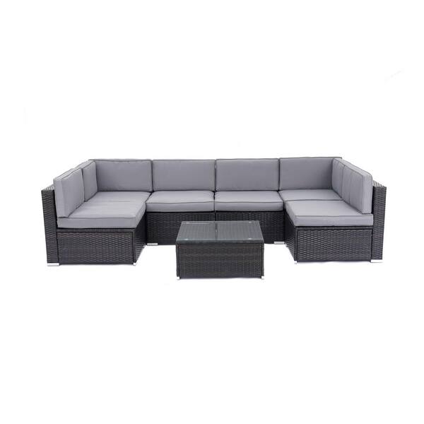 Unbranded 7-Pieces PE Wicker Outdoor Sectional with Gray Cushion