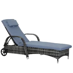 Grey UV Protected Plastic Rattan Lounge Chair Recliner with Blue Grey Cushion