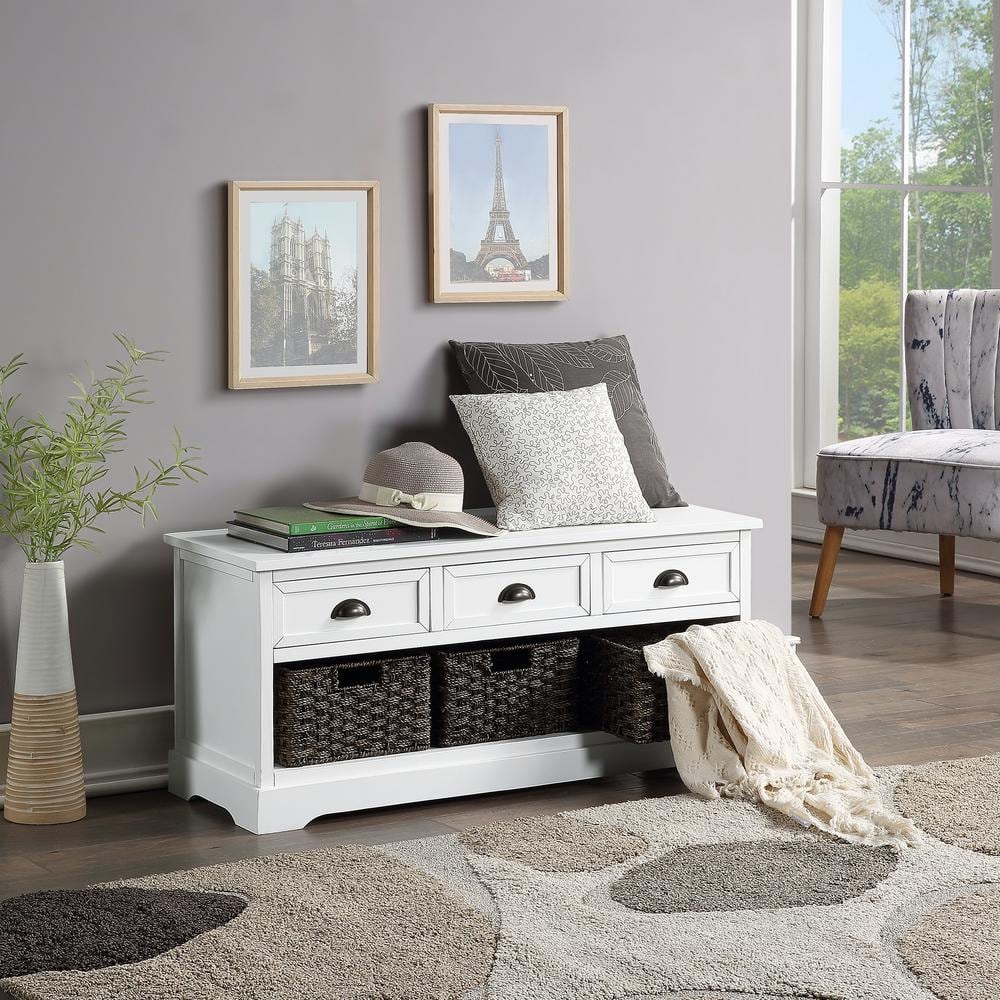 Harper & Bright Designs Espresso Entryway Storage Bench with Removable Cushion and 3-Removable Classic Fabric Basket, Espressp