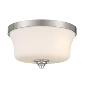 Shyloh 13.75 in. 2-Lights Brushed Nickel Flush Mount with Etched Opal Glass Shades