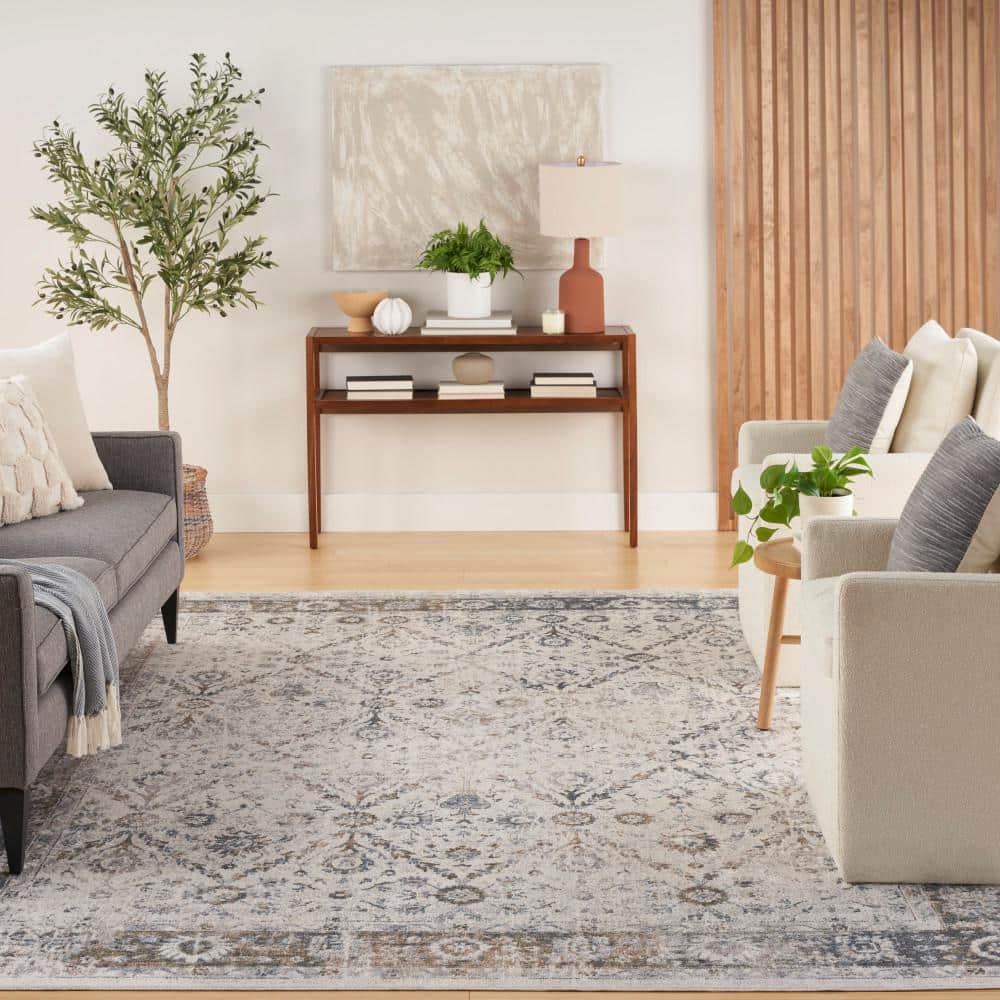 Ivory Blue Floral Synthetic 8' x 10' Washable Rug