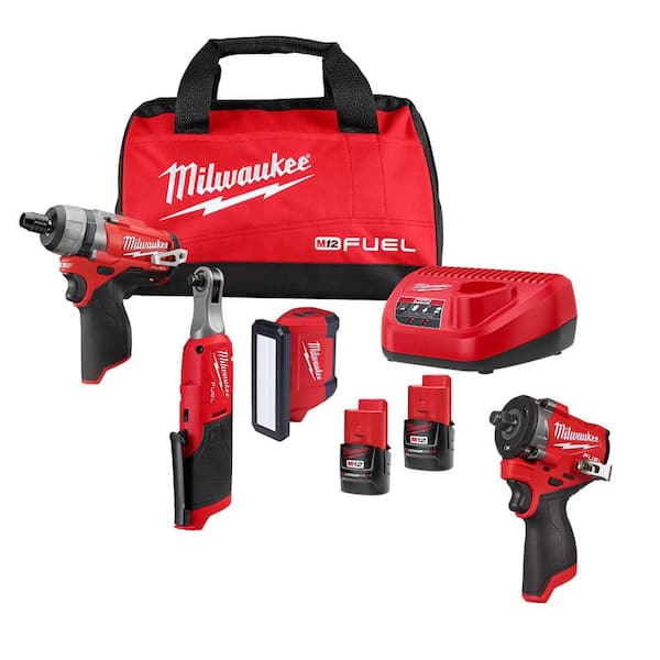 M12 12V Lithium-Ion Cordless Screwdriver, 3/8 in. High Speed Ratchet, Light, 1/2 in. Stubby Impact Combo Kit (4-Tool)