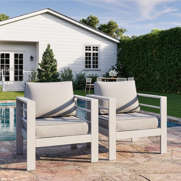 White Aluminum Patio Outdoor Lounge Chair with Light Gray Cushions (2-Pack)
