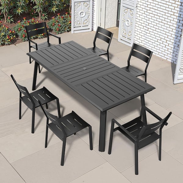 Pellebant 7-Piece Aluminum Outdoor Dining Set with Umbrella Hole, 83 in. Rectangle Table and Stackable Chairs in Black