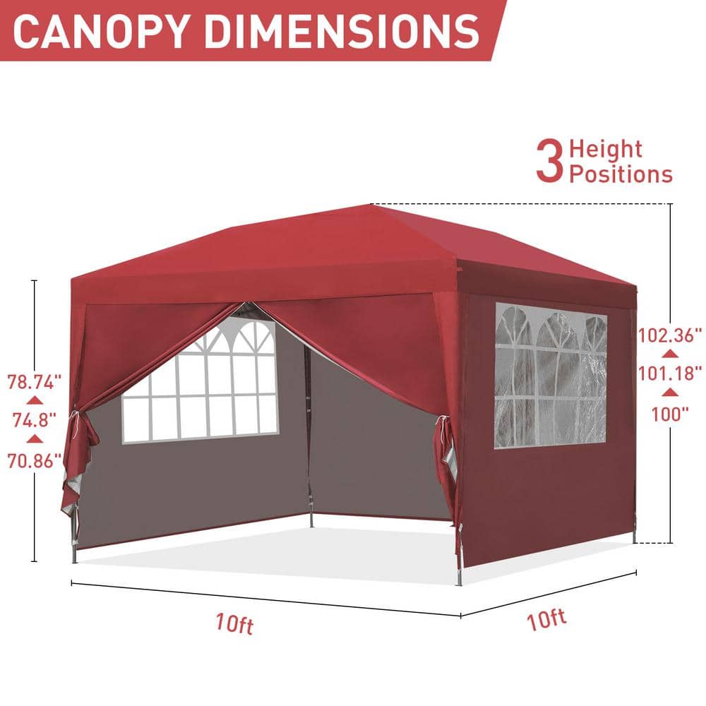 Red 10x10 ft Waterproof Pop-Up Patio Canopy Tent with Side Walls