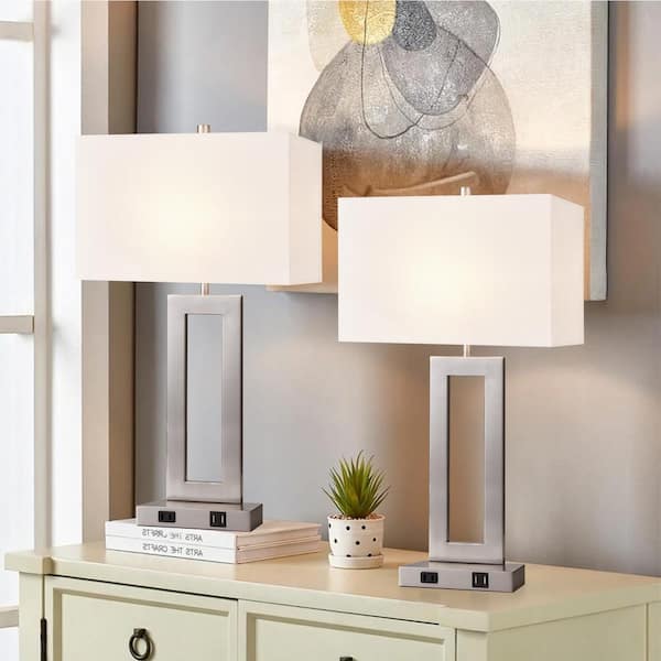 LamQee 20 in. Brushed Nickel Touch Control Bedside Table Lamp with White Fabric Shade (2-Pack)