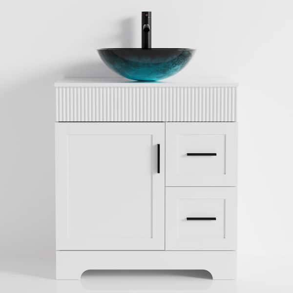 30 in. W x 20 in. D x 32 in. H Single Sink White Bath Vanity with Turquoise Glass Vessel Sink Top