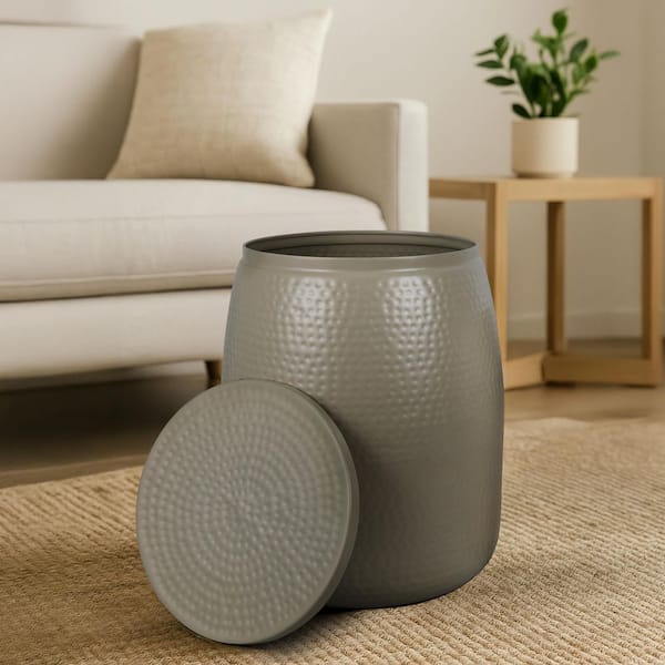 Merida 16.5 in. Almond Modern Rustic Hammered Round Metal Drum Storage End Table with Lid