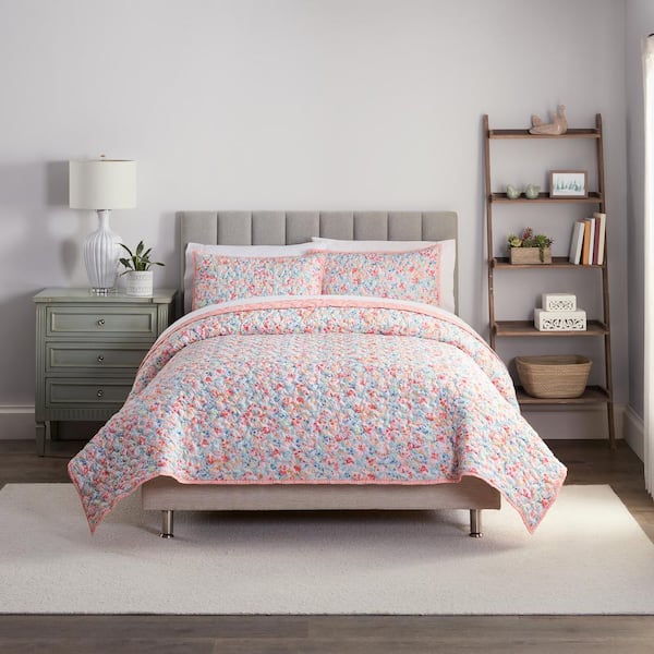 Unbranded Classic Speckle 3-Piece Coral Quilted Pattern Polyester Queen Quilt Set