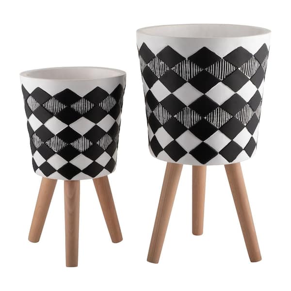 Flynama 10 in./12 in. Black/White Plastic Planter Stand Plant Pot with Wood Stand Feet for Outdoor/Indoor Stand (2-Pack)