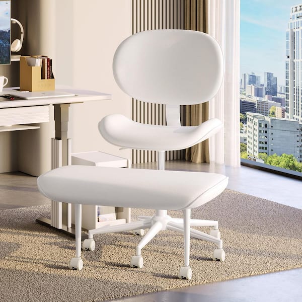 Faux Leather Ergonomic Cross-Legged Office Chair ADHD Meditation Chair with Wheels and Height Adjustable, White