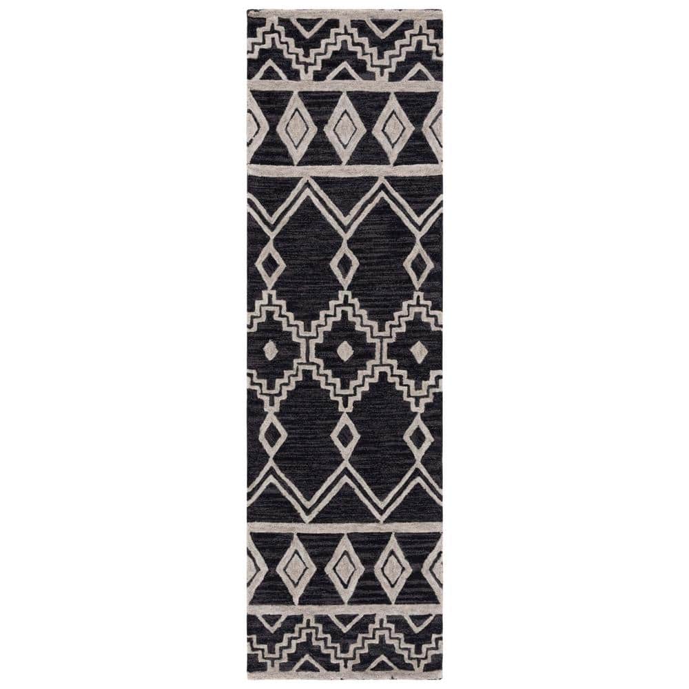 Handmade Tufted Abstract Black Wool Runner Rug 27in x 7in
