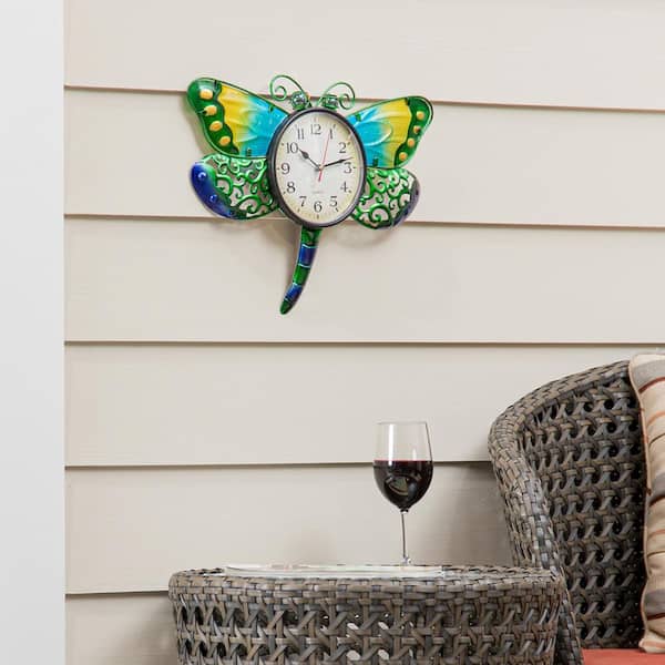 Evergreen Enterprises 16 in. Metal and Glass Shaped Wall Clock, Dragonfly